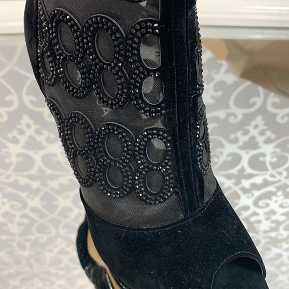 Peep Toe Mesh and Crystal Detail Platform Stiletto High Heel Velvet Ankle Boot - Picture 5 of 8